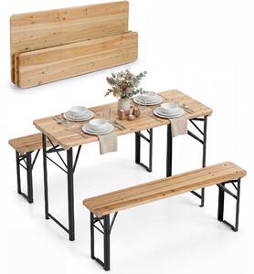 KOMFOTTEU Set da birreria in 3 pezzi, set di mobili da giardino pieghevoli con tavolo e 2 panche, set da birreria in legno di abete naturale per 4 persone, set da birreria da esterno per giardino, cortile e piscina
