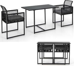 KOMFOTTEU Set da bar da 3 pezzi con sedie pieghevoli, set da bar da giardino in rattan, set da pranzo con cuscini rimovibili, mobili da giardino resistenti alle intemperie