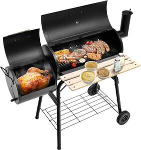 Barbecue a carbonella KOMFOTTEU con termometro e ruote, griglia in acciaio con camino, affumicatore da esterno, con tavolino laterale e ripiano inferiore, 115 x 65 x 108 cm