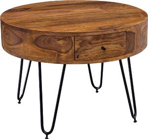 Tavolino WOHNLING, legno massello di sheesham / metallo, 60x44,5x60 cm. Tavolino da salotto, design moderno, con cassetti. Piccolo tavolino rotondo, colore marrone