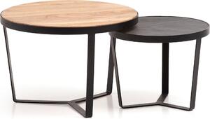 Set di 2 tavolini in legno massiccio di acacia/pietra nel soggiorno rotondo | Wohnling