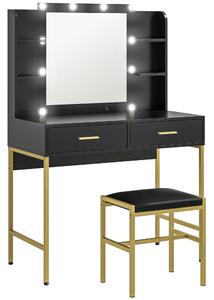 HOMCOM Tavolo da Trucco con 2 Cassetti, 6 Ripiani, Specchio e Sgabello, in Legno e Acciaio, 90x45x132.5 cm, Nero