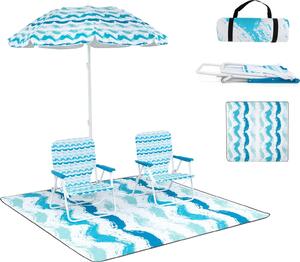 Set KOMFOTTEU composto da 4 mobili da spiaggia, 2 cuscini, 1 tappeto, 1 ombrellone da 175 cm, sedia pieghevole, portata 150 kg, ombrellone inclinabile, regolabile a 30°, con borsa portaoggetti, telo da spiaggia (blu)