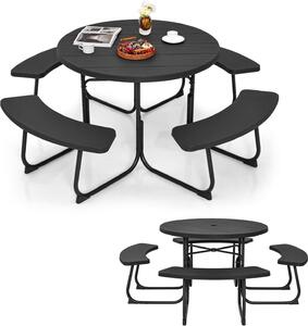 Set da birreria KOMFOTTEU per 8 persone, set da picnic con tavolo rotondo con foro per ombrellone e 4 panche, set di mobili da giardino in HDPE e metallo