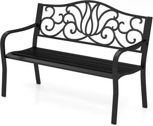 Panchina da giardino in metallo KOMFOTTEU, panchina da giardino a 2-3 posti, con schienale decorato e struttura a doghe, seduta ergonomica per terrazza, parco, cortile, patio, nera