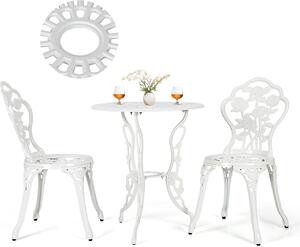 Set di mobili da giardino KOMFOTTEU in 3 pezzi, composto da tavolo da giardino e 2 sedie, set da bistrot in alluminio resistente alle intemperie, set da salotto con motivo a rose per balcone, giardino e terrazza (bianco)
