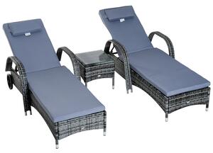 Outsunny Set 3 Pezzi con 2 Lettini Sdraio e 1 Tavolino da Giardino, in Polyrattan Grigio con Materassini Imbottiti e Ruote