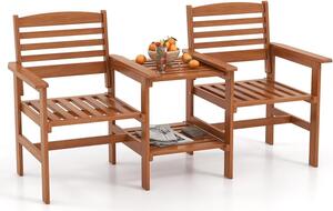 KOMFOTTEU Panchina da giardino a 2 posti in legno massello, con tavolino e foro per ombrellone, set di mobili da giardino per terrazza, balcone e giardino