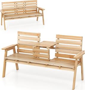 Panchina da giardino KOMFOTTEU in legno di abete, panca a doghe con tavolino centrale ribaltabile, panca in legno per 2-3 persone fino a 320 kg, panca da parco 160 x 64 x 86 cm, panca da giardino e balcone (colore naturale)