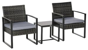 Outsunny Set da Giardino in Rattan 3 pezzi, 2 Poltrone con Cuscino e Tavolino, Grigio