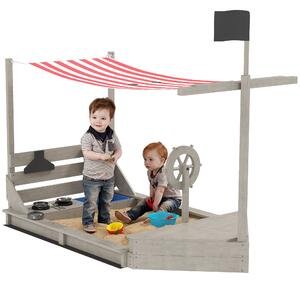 Outsunny Sandbox con tetto solare Piratenschiff, incluso set da cucina per bambini, Legno massello, 180 x 103 x 144,5 cm, Grigio | Aosom Italy
