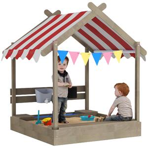 Outsunny Sabbiera con tettuccio, con set di giochi, in legno massello trattato, 124 x 116 x 146 cm, Grigio | Aosom Italy