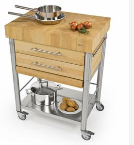 Carrello da cucina in carpino bianco della serie Auxilium con due cassetti due piani, dimensioni 70x50x h 95 cm peso 89 kg con tagliere piano di lavoro carpino bianco listellare