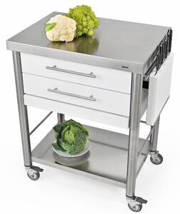 Carrello da cucina in pietra acrilica bianca della serie Auxilium con due ripiani con 2 cassetti, dimensioni 70x50x h 90 cm peso 50 kg con tagliere in acciaio inox