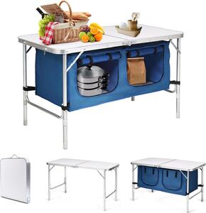 Tavolo da campeggio pieghevole KOMFOTTEU, regolabile in altezza 53,5 cm / 71 cm, tavolo da picnic in alluminio con vani portaoggetti da 120 l, tavoli da esterno 120 x 61 cm, per barbecue, feste