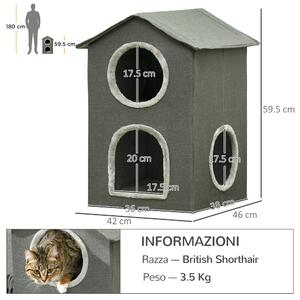 PawHut Casetta Spaziosa a Due Livelli per Gatti, Cuscini Lavabili, Tre Entrate, Design Moderno, 42x46x59.5cm - Grigio