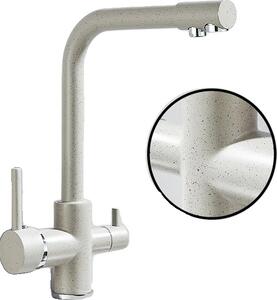 Rubinetto da cucina filtrato, struttura in ottone, comando a doppia maniglia, beige con puntini