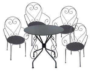 Sala da pranzo da giardino in metallo effetto ferro battuto GUERMANTES: un tavolo e 4 poltrone antracite