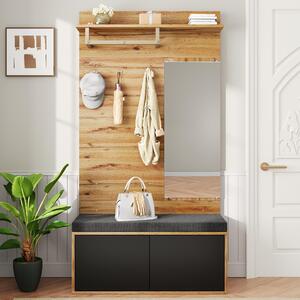 AIORBER Set di armadi moderni 100 x 190 x 38 cm con specchio, scarpiera e panca - armadio da corridoio con ganci e spazio di archiviazione, in legno nero