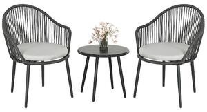 Outsunny Salotto da Giardino in Rattan con 2 Poltroncine con Cuscini e Tavolino da Caffè in Vetro, Grigio|Aosom