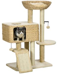PawHut Albero Tiragraffi per Gatti con Casetta, Trespolo e Pallina, in Legno e Poliestere, 60x40x95 cm, Marrone e Beige|Aosom