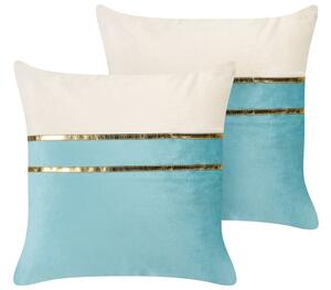 Set di 2 cuscini in velluto blu e beige con dettagli dorati 45 x 45 cm glamour soggiorno camera da letto Beliani
