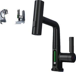 Miscelatore per lavabo, design estraibile, indicatore di temperatura, nero opaco