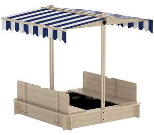 Outsunny Sabbiera per Bambini in Legno con Tettuccio Parasole, Panca e Coperchio, 106x106x121cm Bianco e Blu