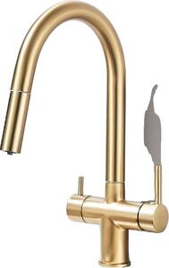 Miscelatore da cucina con filtro nero, design a doppia maniglia, funzione spray, oro spazzolato