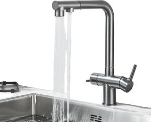 Miscelatore da cucina a due maniglie, acqua fredda e calda, bocca estraibile per acqua filtrata, grigio
