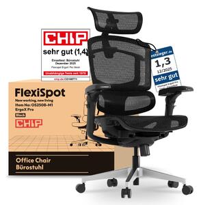 FLEXISPOT ErgoX Pro Sedia ergonomica per ufficio regolabile in altezza in 12 posizioni 7D braccioli 5D supporto lombare 4D poggiatesta Capacità di carico 250 kg Sedile in rete Nero