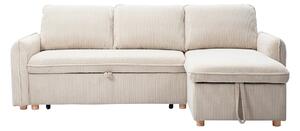 Divano angolare trasformabile reversibile con baule 3 posti in tessuto velluto a coste beige e legno chiaro ORSO