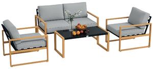 Outsunny Set da Giardino 4 Pezzi con 2 Poltrone, Divanetto e Tavolino, in Alluminio e Fibra, Grigio e color Legno