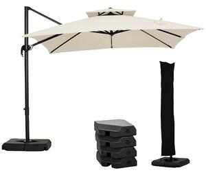 Outsunny Ombrellone a Sbalzo a Doppia Copertura con Manovella, Base a Croce e Pesi, 268x268x265 cm, Beige