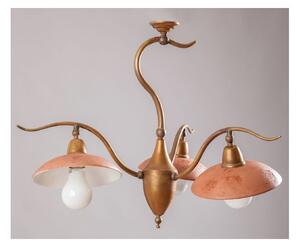 ANTICO TOSCANO LAMPADARIO 3 LUCI A PLAFONIERA IN OTTONE E PIATTI IN TERRACOTTA