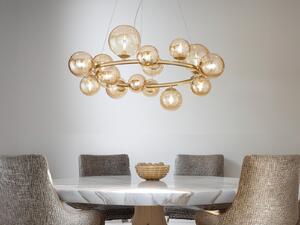 Grande e insolita lampada a sospensione a LED, con globi in vetro e oro a più fiamme, sul tavolo da pranzo