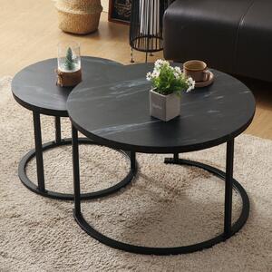 KAHOO tavolino da caffè rotondo, 2 pezzi con motivo in marmo, 70x45cm+50x40cm, nero