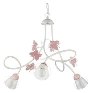 BUTTERFLY LAMPADARIO A SOSPENSIONE 3 LUCI PER BIMBE IN METALLO BIANCO CON FARFALLE ROSE