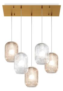 TENDER SOSPENSIONE 5 LUCI RETTANGOLARE FINITURA OTTONE CON DIFFUSORI IN VETRO COLORATO