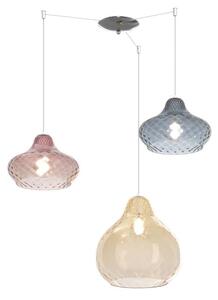 DRESS SOSPENSIONE 3 LUCI DECENTRATA METALLO CROMO CON DIFFUSORI IN VETRO COLORATO LAMPADINE ATTACCO E27