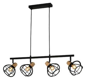 GINGER SOSPENSIONE 4 LUCI STILE VINTAGE IN METALLO NERO CON DETTAGLI IN LEGNO LAMPADINE ATTACCO E14