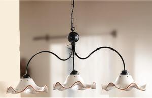 2215.3 LAMPADARIO 3 LUCI IN METALLO NERO CON DIFFUSORI IN TERRACOTTA BIANCA CON DECORI FLOREALI MADE IN ITALY