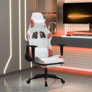 Sedia da gaming con funzione massaggio, poggiapiedi, design ergonomico girevole, realizzata in ecopelle bianco-rosa, regolabile in altezza con braccioli, cuscino lombare e funzione reclinabile