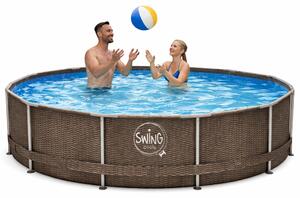 HAF - Piscina Swing Frame rotonda in rattan sintetico grigio (Ø 305 cm, profondità 76 cm) - Piscina da giardino da 4.500 litri - Robusta, resistente ai raggi UV e alla corrosione