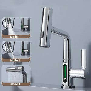 Miscelatore monocomando per lavabo da bagno, modello "waterfall" - Display digitale della temperatura - Doccetta estraibile - Rubinetto per acqua calda/fredda - Tubo da 60 cm - Argento