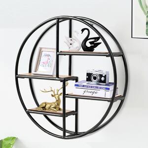 Costway Scaffale rotondo montato al muro, Scaffale decorativo con 4 livelli di legno e metallo, Nero
