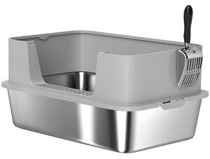 PawHut Lettiera per Gatti XL in Acciaio Inox con Paletta, Lati Alti, Antiperdita, Antiodore, Fino a 7 kg, Grigio | Aosom Italy