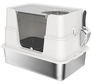 PawHut Lettiera Gatto Chiusa XL in Acciaio Inox con Coperchio, Paletta, Pareti Alte, Doppio Ingresso, Grigio Chiaro | Aosom Italy