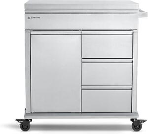 Carrello di servizio per barbecue con piano di lavoro in acciaio inossidabile, trasformabile in tavolo per barbecue | 4 cassetti con chiusura ammortizzata, ruote in gomma integrale, compatibile con i barbecue a gas EARL e FRED