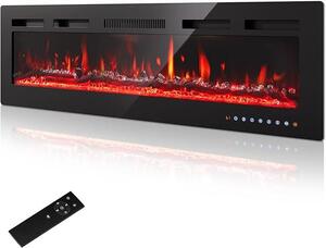 Camino elettrico da parete, 60"/152 cm - Fiamma LED con 12 colori regolabili ed effetto crepitio, camino elettrico da 900W/1500W con riscaldamento e termostato regolabile da 15-30°C, display touchscreen intuitivo e telecomando